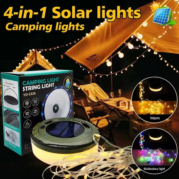 Solar Güneş Enerjili Şarjlı 8 Mt Led Kamp Lambası Işıldak Fener Dekor Lambası Peri Renkli Şerit Led - 2