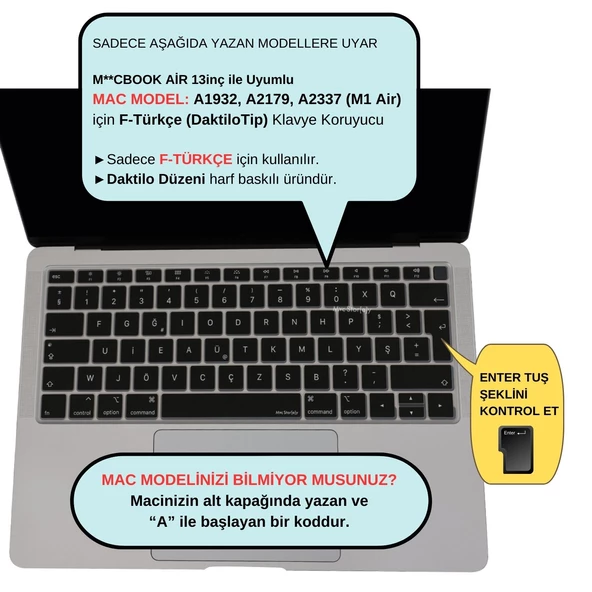 F Klavye Macbook Air M1 13inç Kılıfı TouchID'li DaktiloTip A2337 A2179 A1932 ile Uyumlu - 2