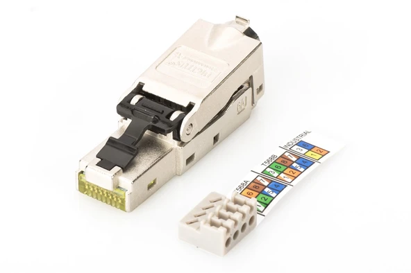 Digitus Zırhlı/Shielded Saha Tipi RJ45 Konnektör, AWG 22-27, 10 GBit ethernet, PoE+, toz koruma kapaklı, kıvrım koruyucusu