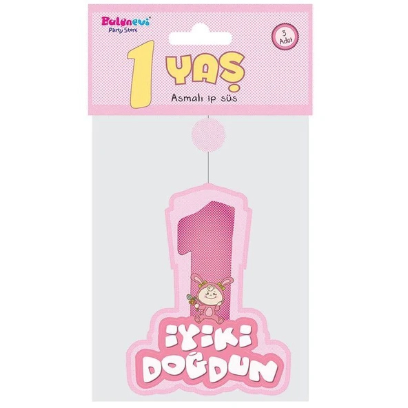 KENPAZAR Parti Pembe Renk Asmalı İyiki Doğdun Yazılı 1 Yaş Kız 3lü Süs Set - 2