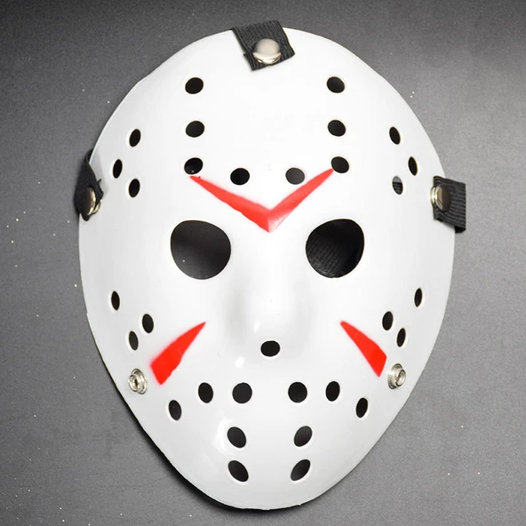 KENPAZAR Beyaz Renk Kırmızı Çizgili Tam Yüz Hokey Jason Maskesi Hannibal Maskesi