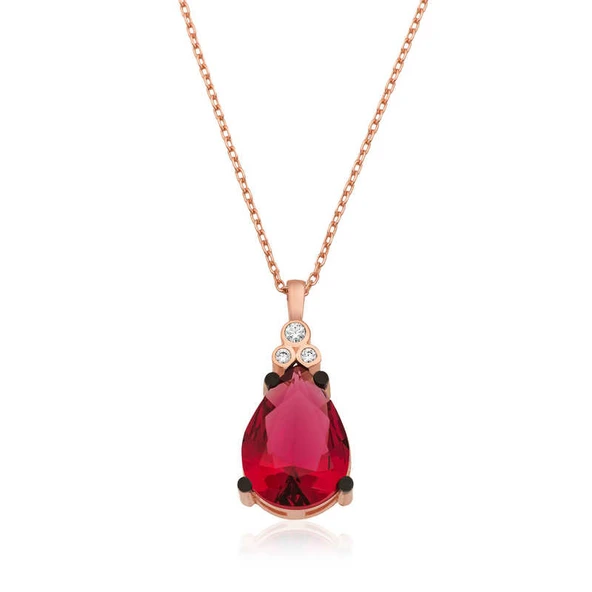 KENPAZAR 925 Ayar Gümüş Kırmızı Topaz Damla Kolye