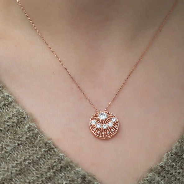 KENPAZAR 925 Ayar Gümüş Etnik Desenli Rose Kadın Gümüş Kolye - 2