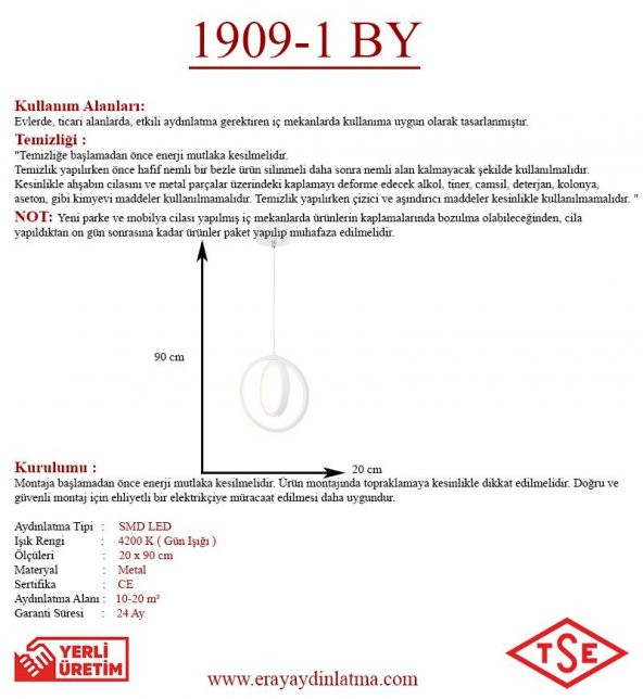 Eray Aydınlatma 1909-1 Beyaz Tekli Led Avize - Resim 3