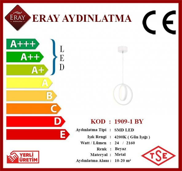 Eray Aydınlatma 1909-1 Beyaz Tekli Led Avize - Resim 4