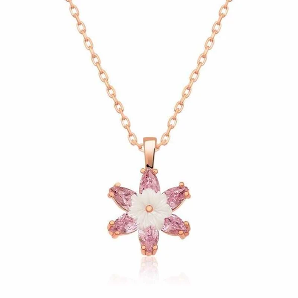 KENPAZAR 925 Ayar Gümüş Rose Pembe Lotus Çiçeği Kolye