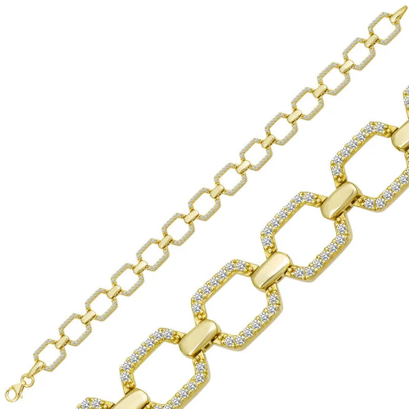 KENPAZAR 925 Ayar Gümüş Gold Kare Taşlı Kadın Bileklik