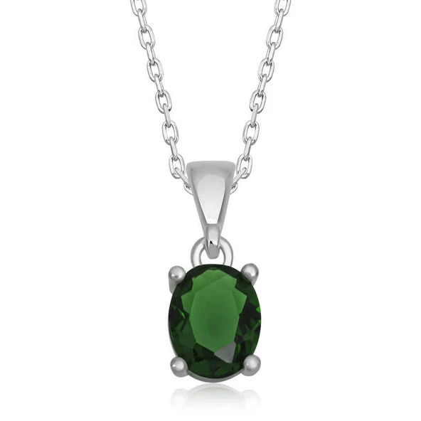 KENPAZAR 925 Ayar Gümüş Yeşil Kristal Oval Taşlı Kadın Gümüş Kolye