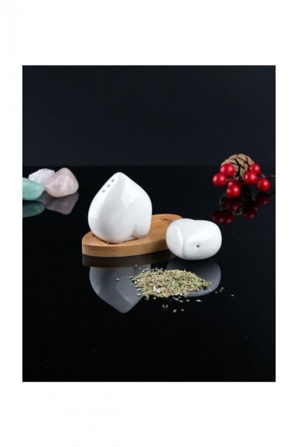 Hometarz Porselen 2 li Tuzluk Baharatlık Set Bambu Stantlı Kalpli - 2