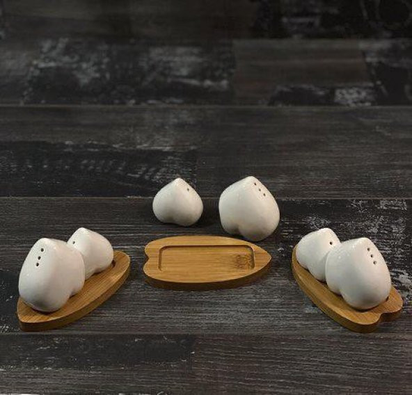 Hometarz Porselen 2 li Tuzluk Baharatlık Set Bambu Stantlı Kalpli - 4