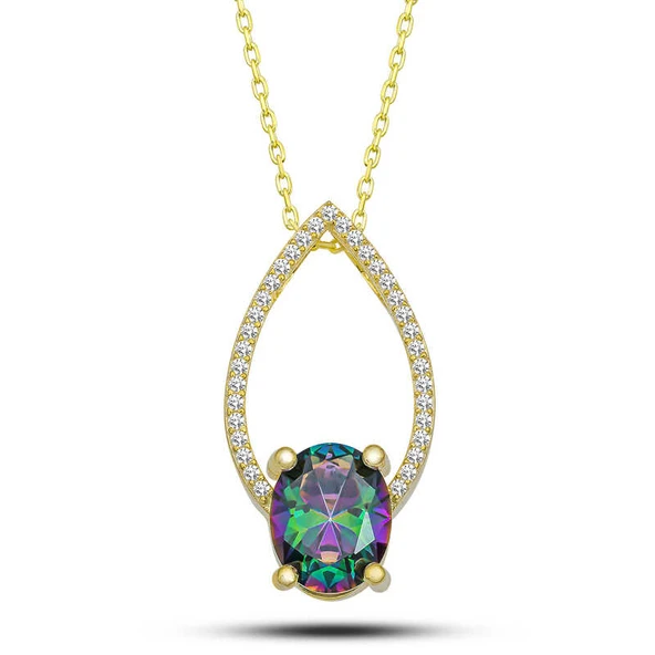 KENPAZAR Gümüş Gold Oval Mistik Topaz Taşlı Damla Kadın Kolye