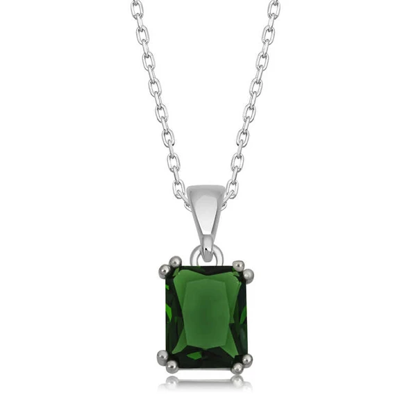 KENPAZAR 925 Ayar Gümüş Yeşil Kristal Kare Taşlı Kadın Gümüş Kolye