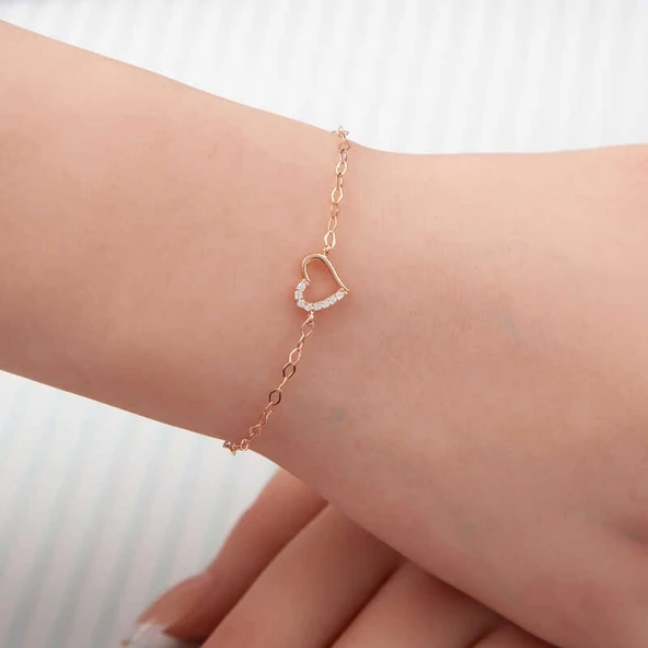KENPAZAR 925 Ayar Gümüş Rose Kalp Kadın Bileklik