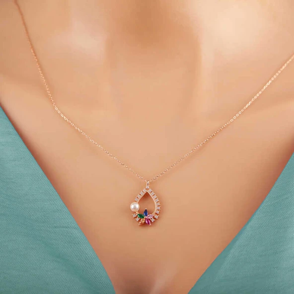 KENPAZAR 925 Ayar Gümüş Rose Renkli Taşlı Çiçekli Kadın Kolye - 4