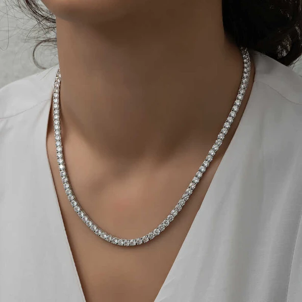 KENPAZAR Gümüş 3 mm Beyaz Taşlı Su Yolu Kadın Kolye
