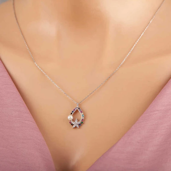 KENPAZAR Gümüş Renkli Taşlı Çiçekli Kadın Kolye