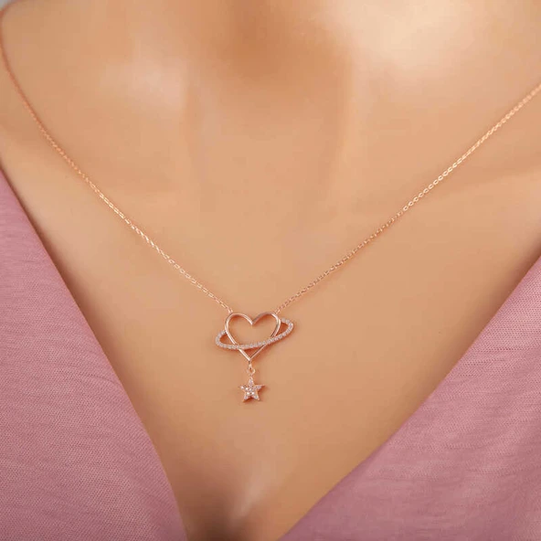 KENPAZAR 925 Ayar Gümüş Rose Kalp Yıldız Kadın Kolye ürün görseli 1