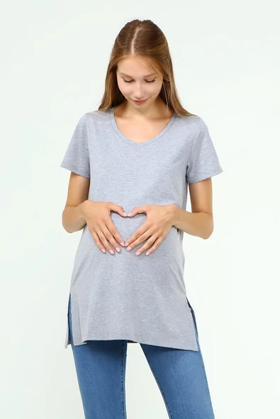 Luvmabelly MYRA2044 - Hamile Tshirt V yaka - Gri