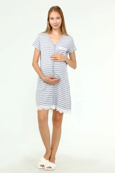 Luvmabelly MYRA9720 - Düğmeli Dantelli Cepli Hamile Geceliği -Çizgili Gri