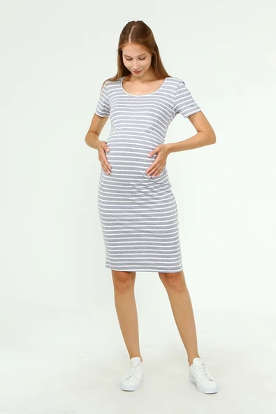 Luvmabelly MYRA5331 - Hamile Elbisesi Çizgili - Gri