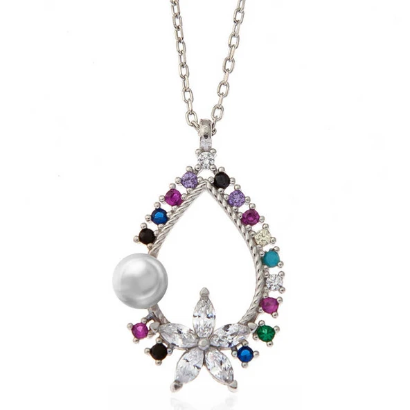 KENPAZAR Gümüş Renkli Taşlı Çiçekli Kadın Kolye - 5