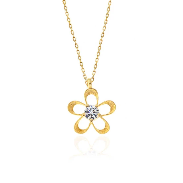 KENPAZAR ​925 Ayar Gümüş Gold Zirkon Taşlı Çiçek Kadın Kolye