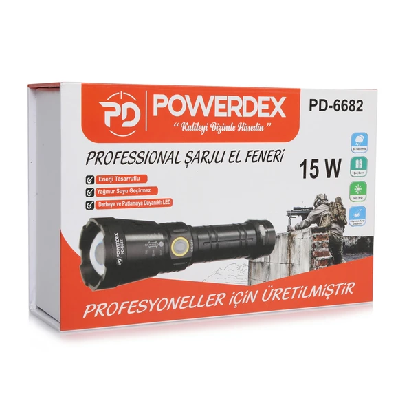 Powerdex PD-6682 15Watt Süper LED Profesyonel Şarjlı El Feneri - Resim 6