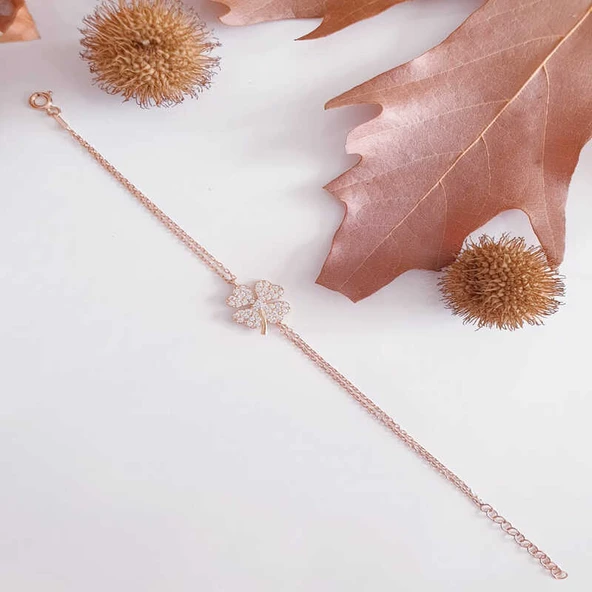 KENPAZAR 925 Ayar Gümüş Rose Kalpli Yonca Kadın Bileklik