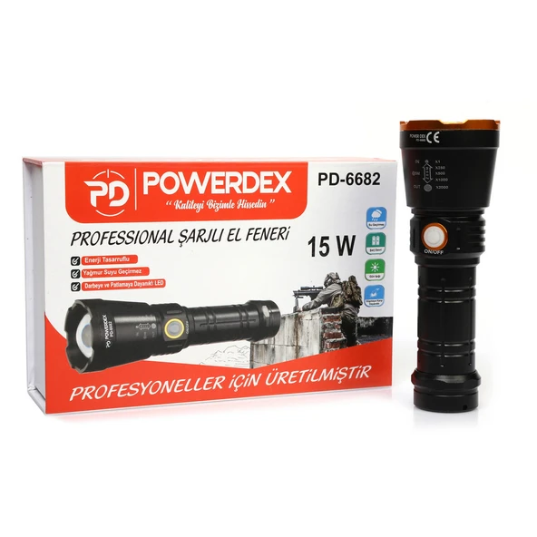 Powerdex PD-6682 15Watt Süper LED Profesyonel Şarjlı El Feneri - Resim 5