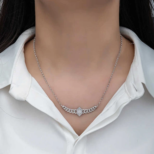 KENPAZAR Gümüş Gurmet Zincirli Baget Taşlı Kadın Kolye - Resim 5