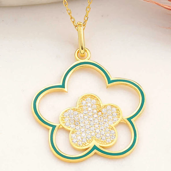KENPAZAR 925 Ayar ​Gümüş Gold Çiçek Desenli Kadın Kolye