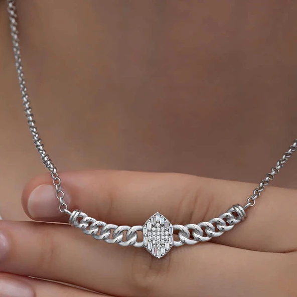 KENPAZAR Gümüş Gurmet Zincirli Baget Taşlı Kadın Kolye ürün görseli 1