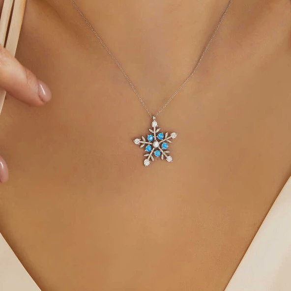 KENPAZAR Gümüş Işıklı Kutulu Aquamarine Taşlı Kar Tanesi Kadın Kolye - 3