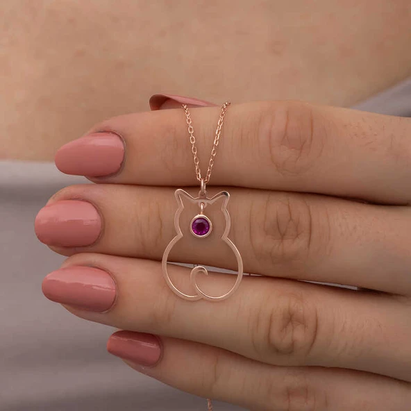 KENPAZAR 925 Ayar Gümüş Temmuz Ayı Doğum Taşı Kedi Kadın Kolye - 4