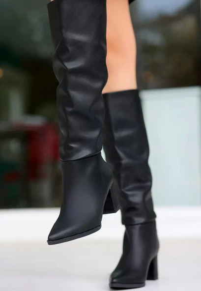 Roksa Siyah Cilt Topuklu Çizme - Resim 3