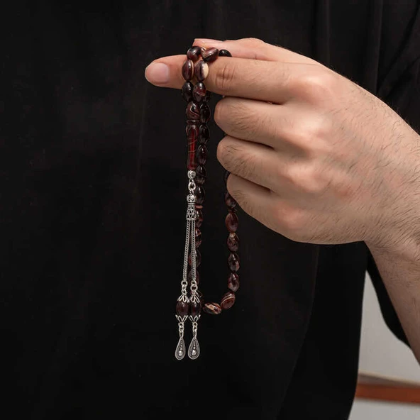 KENPAZAR Gümüş Püskül Sıkma Kehribar Tesbih