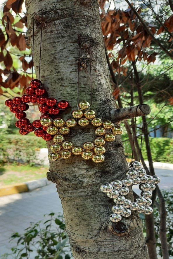 3lü Dekoratif Parlak Boncuklu Yıldız Ağaç Süsü 10cm - 6
