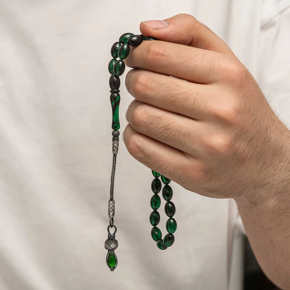 KENPAZAR Gümüş 1000 Ayar Kazaz Püsküllü Sıkma Kehribar Tesbih - 4