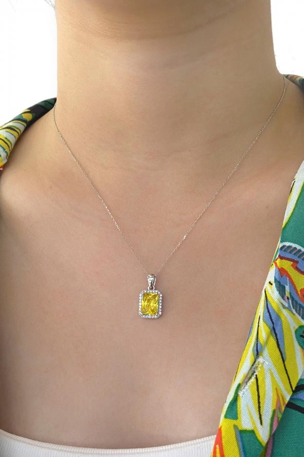 Üst Kalite Baget Sarı Topaz Taş 925 Gümüş Kolye - 1