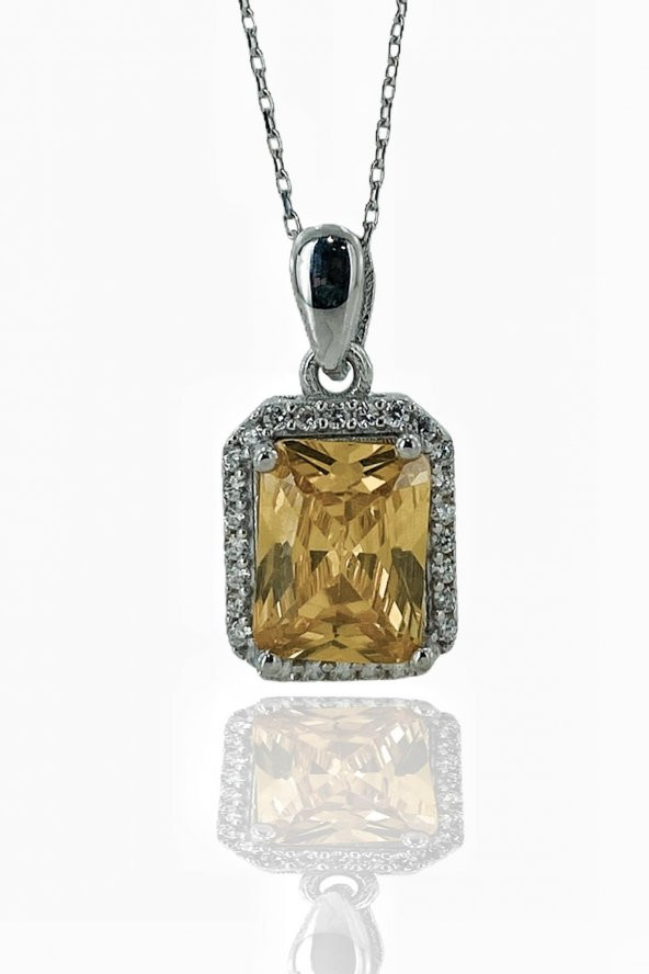 Üst Kalite Baget Sarı Topaz Taş 925 Gümüş Kolye - 2