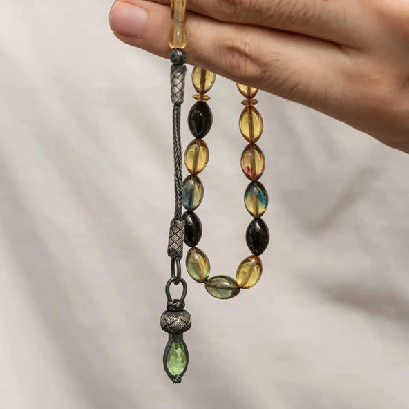 KENPAZAR Gümüş 1000 Ayar Kazaz Püsküllü Sıkma Kehribar Tesbih - 2