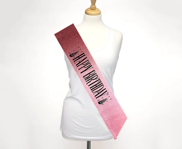 KENPAZAR Pembe Üzeri Siyah Büyük Happy Birthday Yazılı Simli Işıltılı Kuşak Kemer 10 cm Genişlik - 2