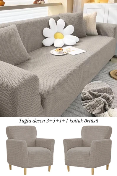 Upmall Jakarlı Tuğla Desen 3311 Koltuk Örtüsü Çekyat Kanepe Kılıfı Lastikli Kayma Yapmayan - 7