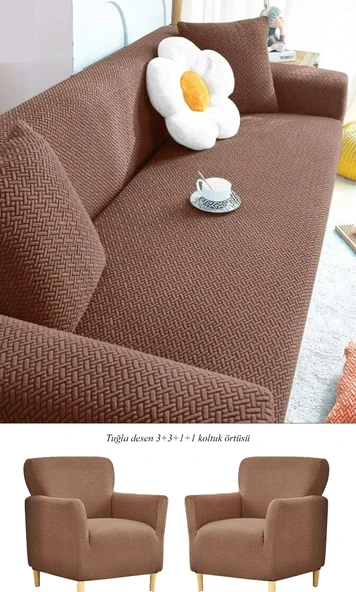 Upmall Jakarlı Tuğla Desen 3311 Koltuk Örtüsü Çekyat Kanepe Kılıfı Lastikli Kayma Yapmayan - 3