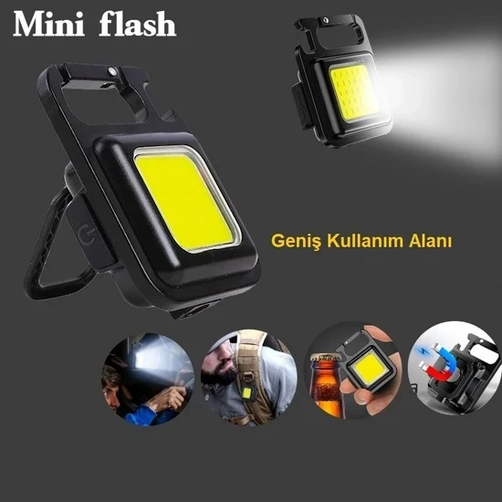 KENPAZAR Mini 30 Ledli  Mıknatıslı Anahtarlık Flash Kamp Lambası Askılı Kapak Açacaklı Şarjlı Fener