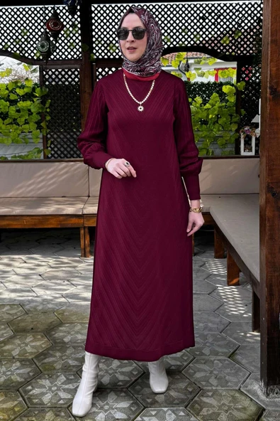 Yağmur Triko Elbise Bordo - 6