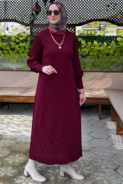 Yağmur Triko Elbise Bordo - 3