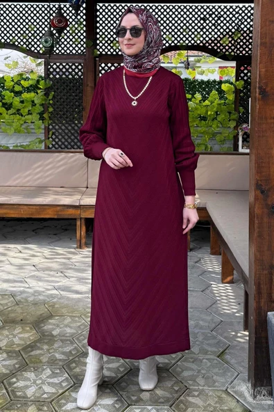 Yağmur Triko Elbise Bordo - 2