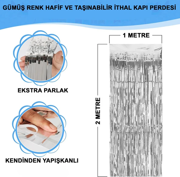 KENPAZAR Gümüş Renk Ekstra Metalize Parlak Saçaklı Arka Fon Perde İthal A Kalite 1x2 Metre
