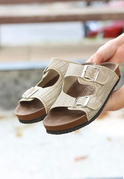 Monte Bej Nubuk Boncuk İşlemeli Terlik - Resim 2